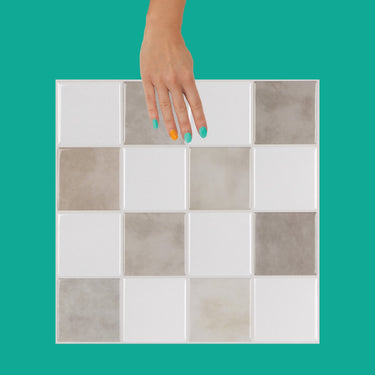 Cream and mocha checkered tiles with light brown grout